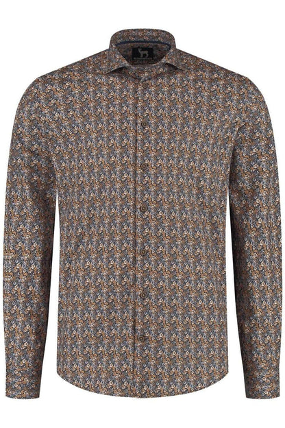 Bloemprint navy-bruin ML7 katoenen blouse met knoopsluiting en manchetten.