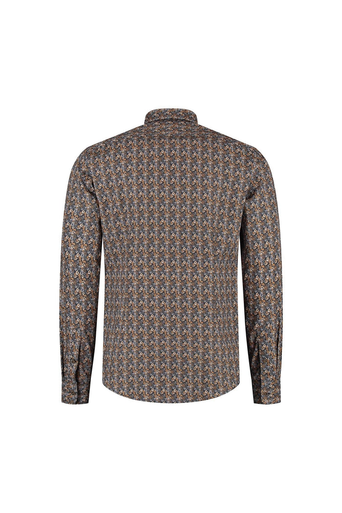 A back view of the Bloemprint navy-bruin ML7 cotton blouse featuring floral print and buttoned cuffs.