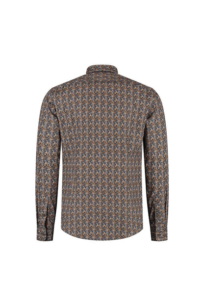 A back view of the Bloemprint navy-bruin ML7 cotton blouse featuring floral print and buttoned cuffs.