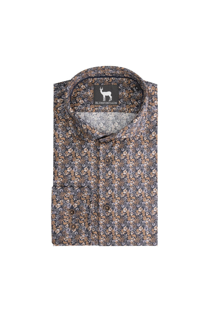 Bloemprint navy-bruin ML7 katoenen blouse met knoopsluiting en manchetten.