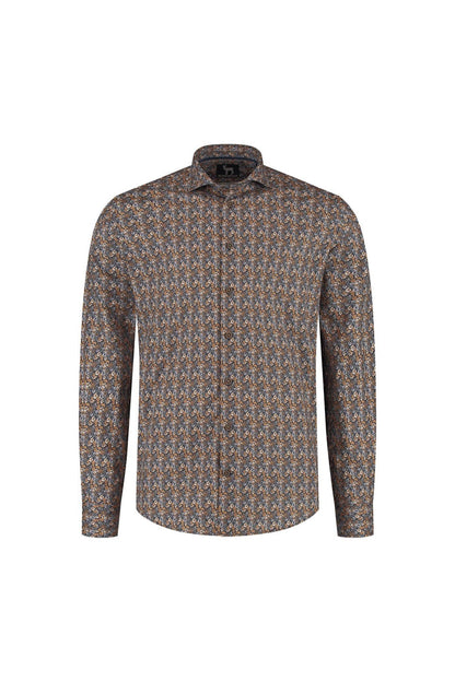 Bloemprint navy-bruin ML7 katoenen blouse met bloemprint en knoopsluiting.