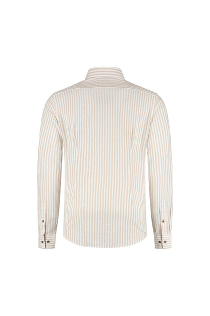 A back view of the Blumfontain balkstreep beige shirt featuring a light beige striped pattern.