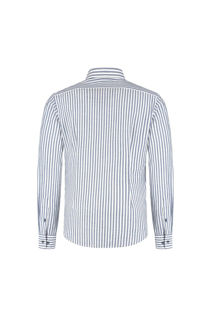 A back view of the Blumfontain balkstreep navy shirt, showcasing its breathable, wrinkle-free cotton striped design.