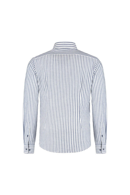 A back view of the Blumfontain balkstreep navy shirt, showcasing its breathable, wrinkle-free cotton striped design.