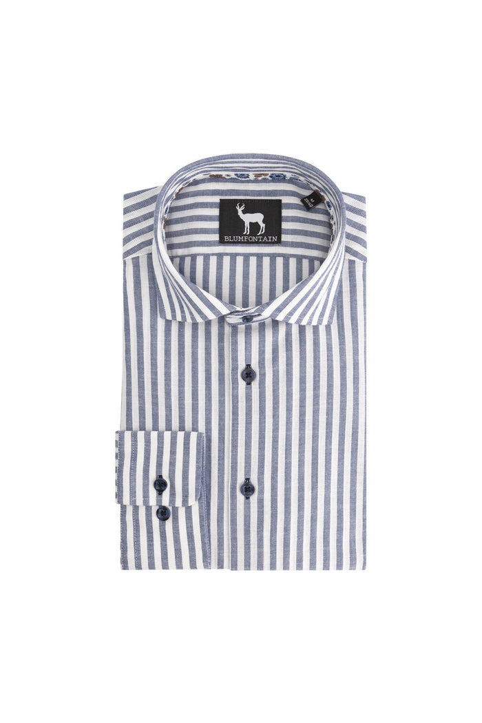 Blumfontain balkstreep navy katoenen overhemd, ademend en kreukvrij met blauwe streep.