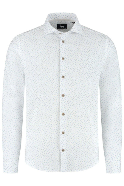 Blumfontain bloemprint beige-blauw ML7, katoenen overhemd met ademende bloemprint in blauw-beige.