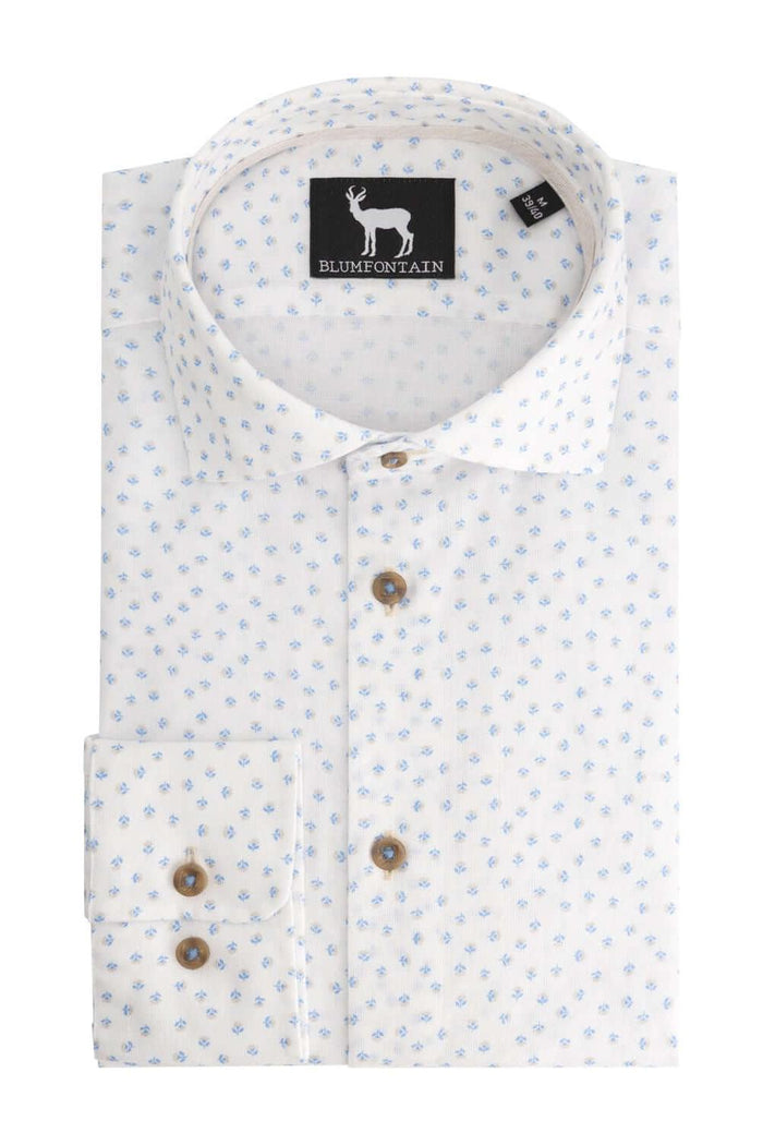 Blumfontain bloemprint beige-blauw ML7 katoenen overhemd met ademende stof en blauw-beige patroon.