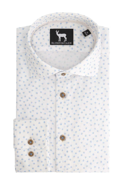 Blumfontain bloemprint beige-blauw ML7 katoenen overhemd met ademende stof en blauw-beige patroon.
