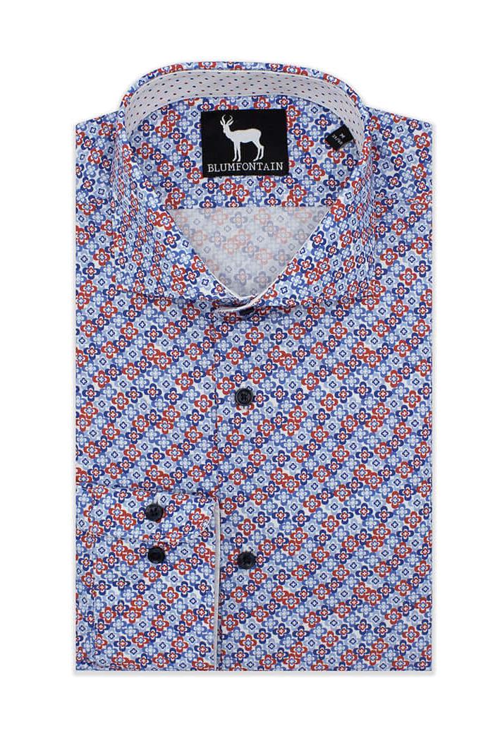Blumfontain bloemprint blauwrood overhemd met frisse bloemenprint in blauw en rood.