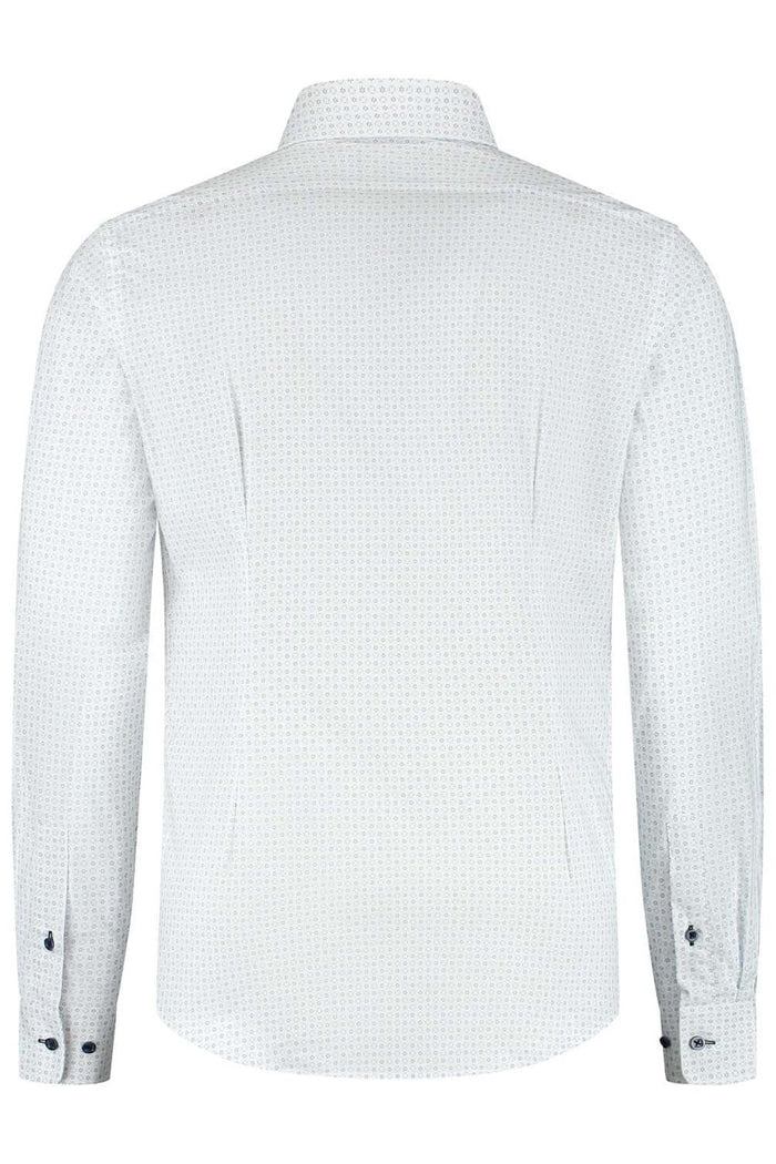 A light blue cotton shirt featuring a subtle floral print, representing the Blumfontain bloemprint lichtblauw.