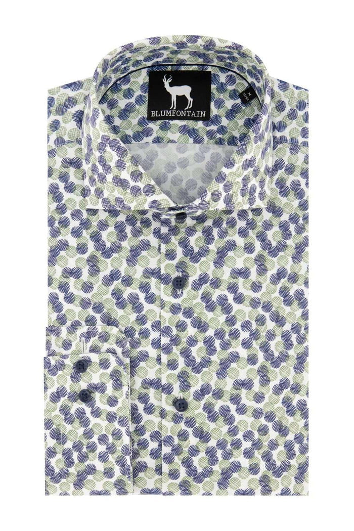 Blumfontain bolletjes groenblauw herenoverhemd met opvallende textuur en lichtgewicht design.