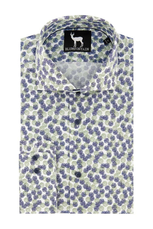 Blumfontain bolletjes groenblauw herenoverhemd met opvallende textuur en lichtgewicht design.