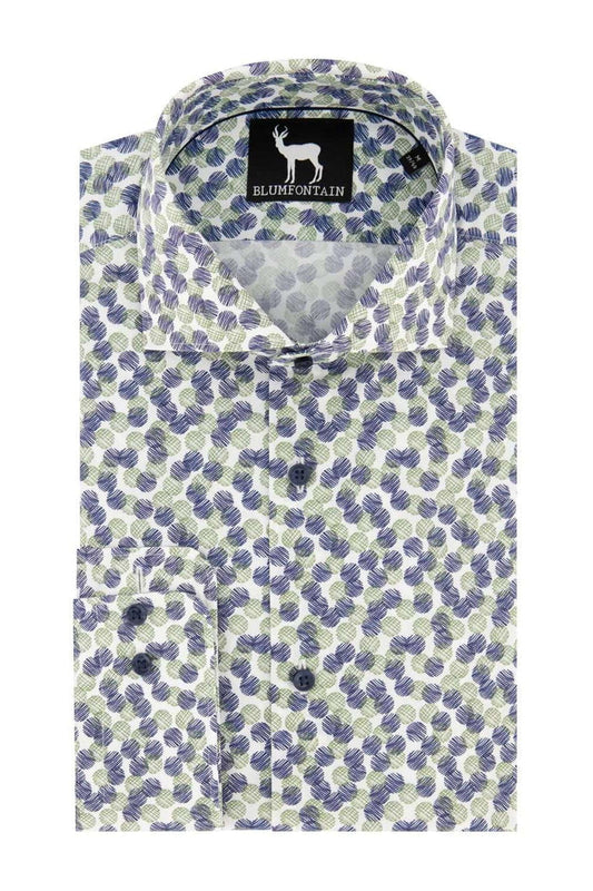 Blumfontain bolletjes groenblauw herenoverhemd met opvallende textuur en lichtgewicht design.