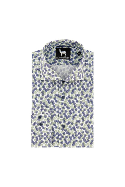 Blumfontain bolletjes groenblauw shirt met opvallend patroon en lichtgewicht design.