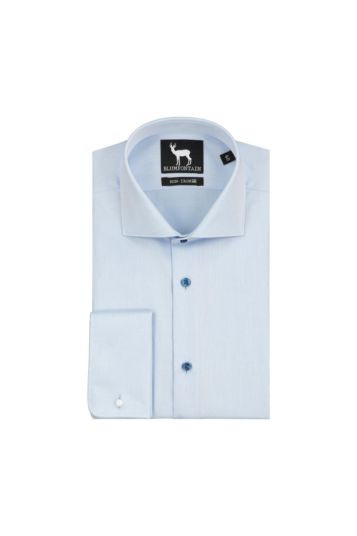 Blumfontain dubbel manchet blauw katoenen overhemd met non-iron afwerking in lichtblauw.