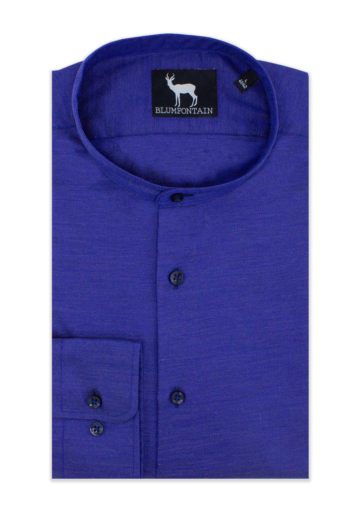 Blumfontain mao kraag navy, diep navy katoen shirt met Mao-kraag en knopen, stijlvolle herenmode.