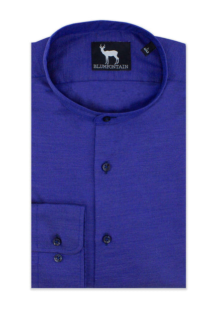Blumfontain mao kraag navy, diep navy katoen shirt met Mao-kraag en knopen, stijlvolle herenmode.