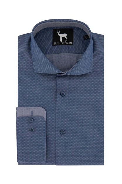 Blumfontain polkadot denim-blauw katoenen overhemd met micro-polkadot en klassieke kraag.