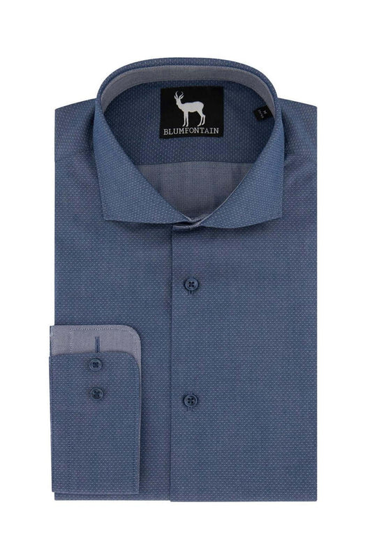 Blumfontain polkadot denim-blauw katoenen overhemd met micro-polkadot en klassieke kraag.