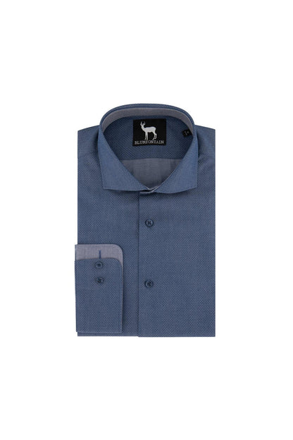 Blumfontain polkadot denim-blauw katoenen overhemd met micro-polkadot en klassieke kraag.