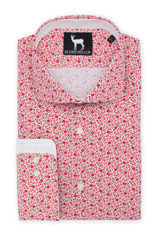 Blumfontain print bloem wit-rood stijlvol overhemd met bloemenpatroon in wit en rood.
