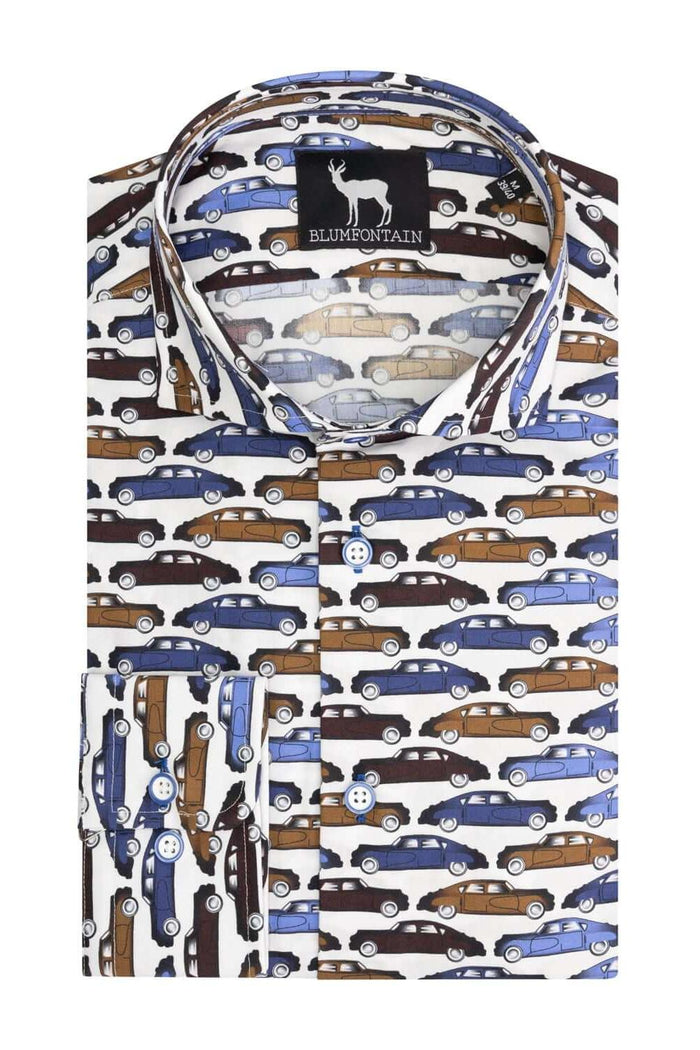 Blumfontain print oldtimer katoenen overhemd met kleurrijke oldtimerprint en ademend comfort strijkvrij