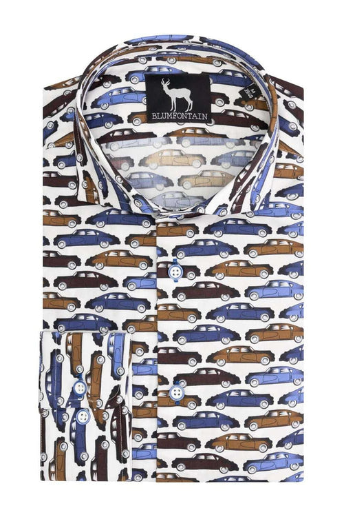 Blumfontain print oldtimer katoenen overhemd met kleurrijke oldtimerprint en ademend comfort strijkvrij