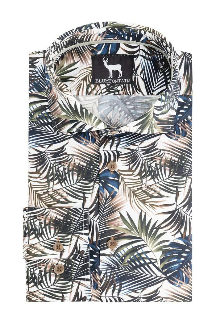 Blumfontain print palmblad groen-bruin overhemd met ademend katoen en palmbladprint.