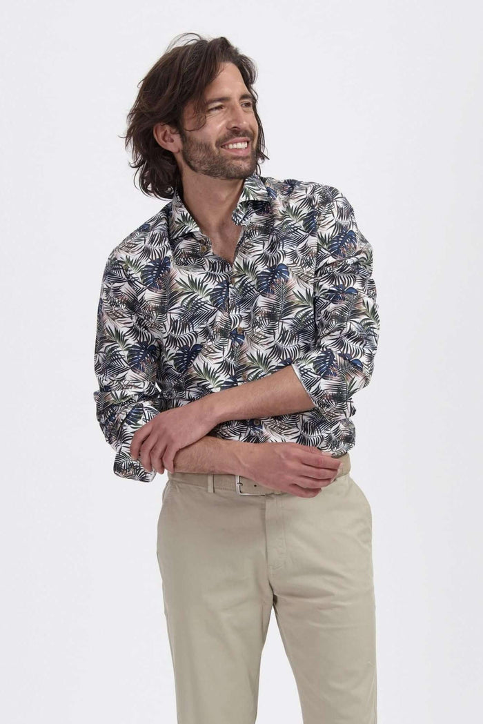 Blumfontain print palmblad groen-bruin overhemd met ademend katoen, stijlvolle look voor elke gelegenheid.