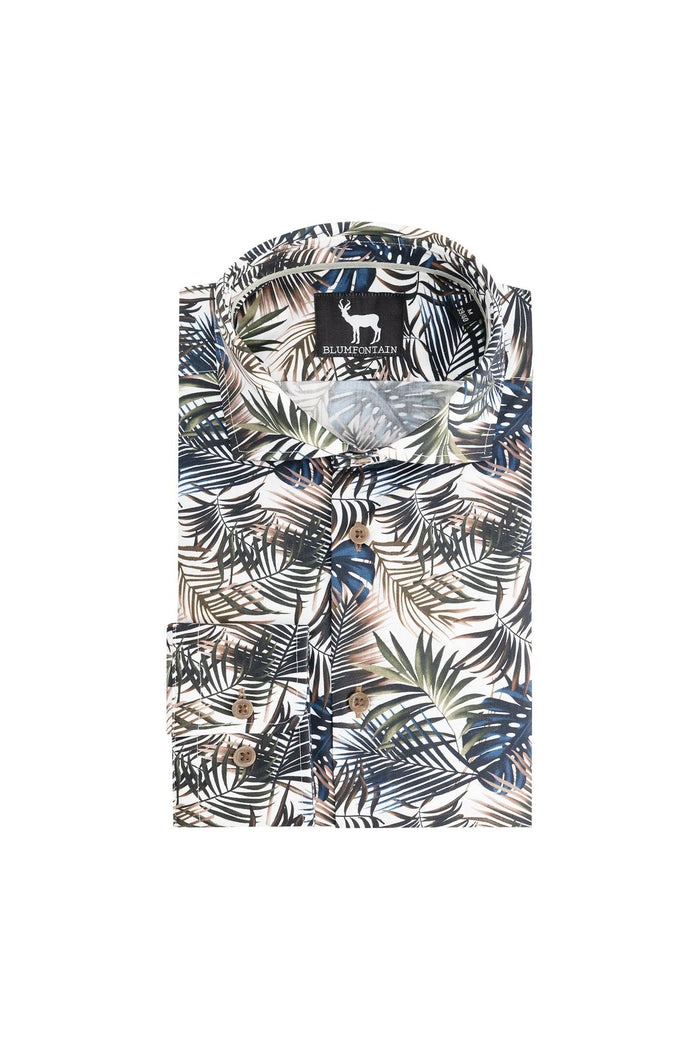 Blumfontain print palmblad groen-bruin overhemd met ademend katoen en palmbladprint.