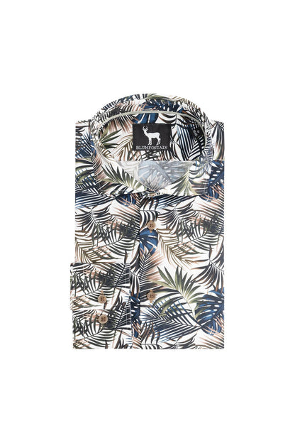 Blumfontain print palmblad groen-bruin overhemd met ademend katoen en palmbladprint.
