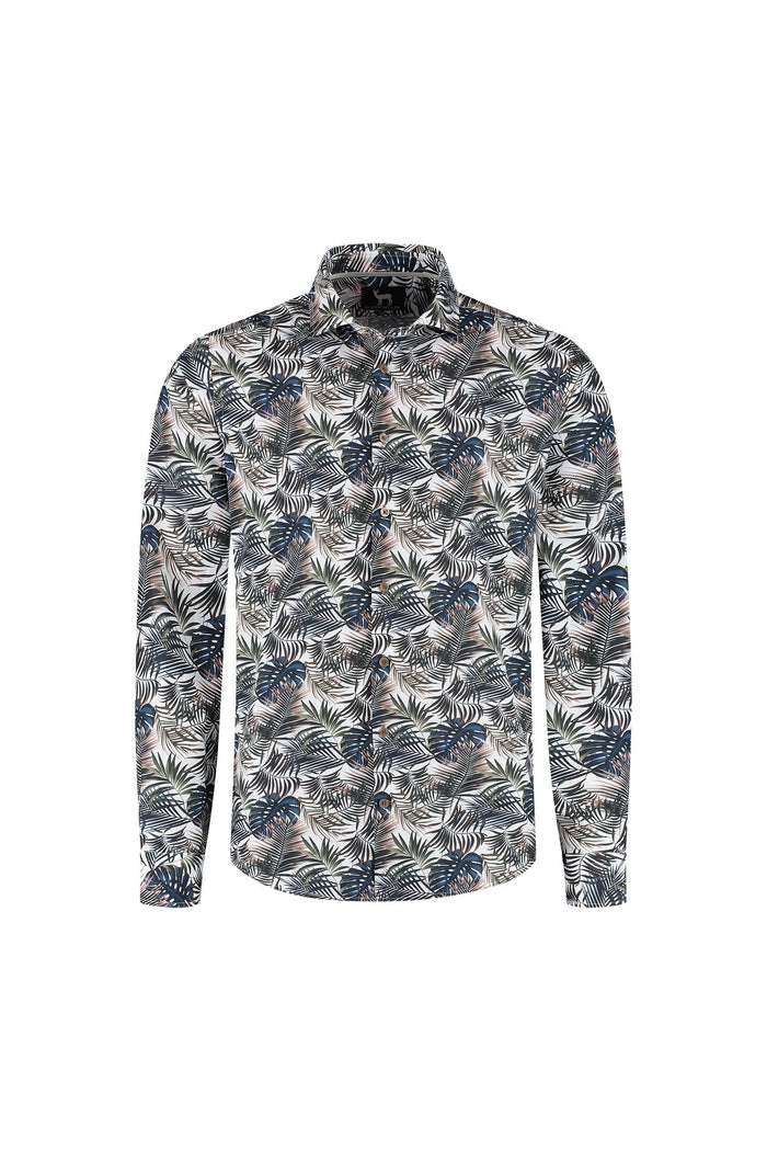 Blumfontain print palmblad groen-bruin overhemd met ademend katoen en palmbladprint.