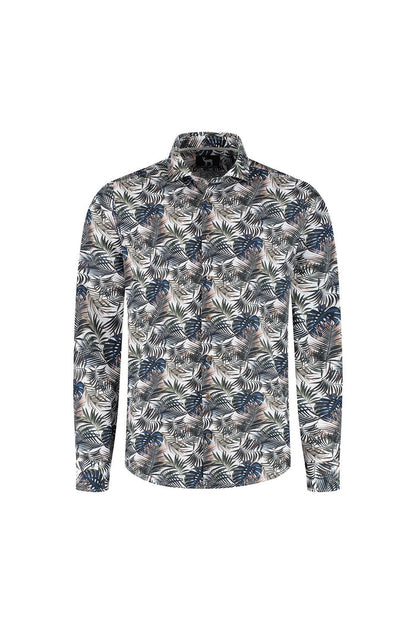 Blumfontain print palmblad groen-bruin overhemd met ademend katoen en palmbladprint.