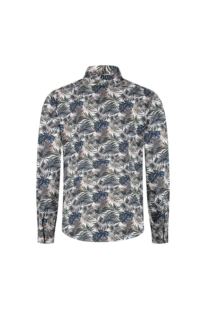 Blumfontain print palmblad groen-bruin overhemd, ademend katoen, zicht op de achterkant van het shirt.