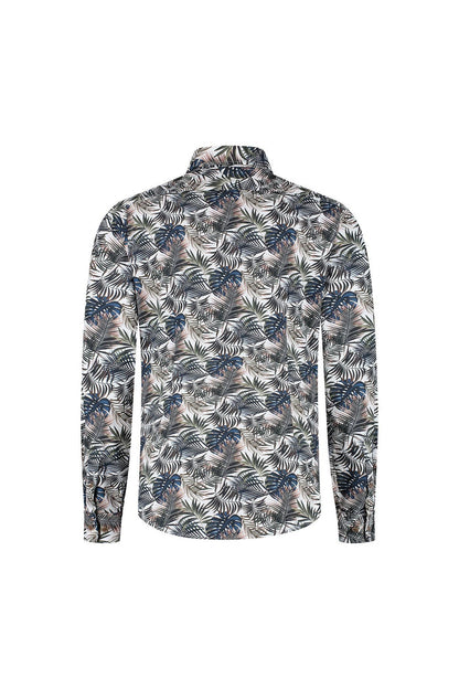 Blumfontain print palmblad groen-bruin overhemd, ademend katoen, zicht op de achterkant van het shirt.