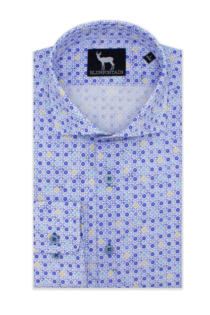 Blumfontain print wit-blauw gestreepte overhemd met moderne patroon en kleurcontrast.