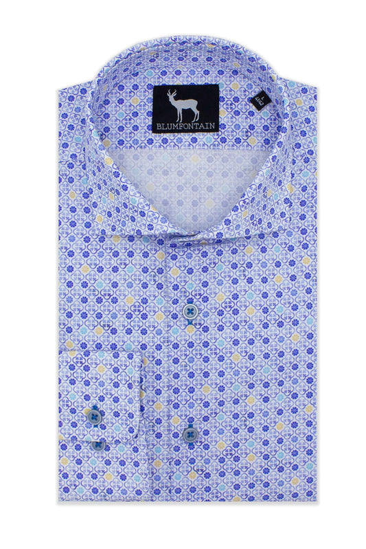 Blumfontain print wit-blauw gestreepte overhemd met moderne patroon en kleurcontrast.