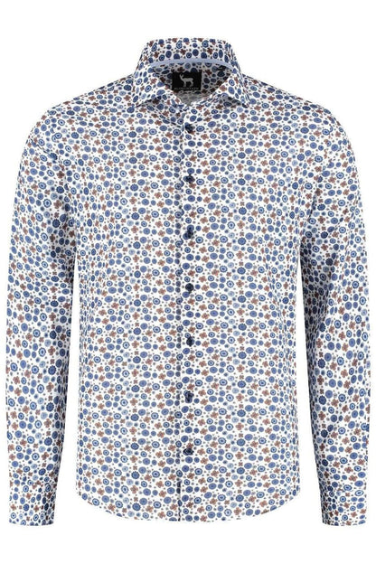 Blumfontain retrobloem blauw-bruin ademend 100% katoen overhemd met bloemenprint.