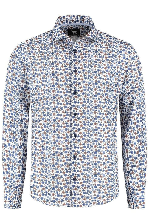 Blumfontain retrobloem blauw-bruin ademend 100% katoen overhemd met bloemenprint.