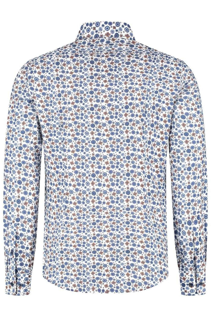 Achterzijde van het Blumfontain retrobloem blauw-bruin overhemd met kleurrijk patroon.