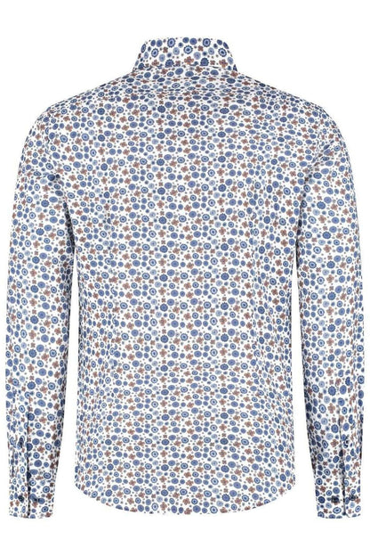 Achterzijde van het Blumfontain retrobloem blauw-bruin overhemd met kleurrijk patroon.