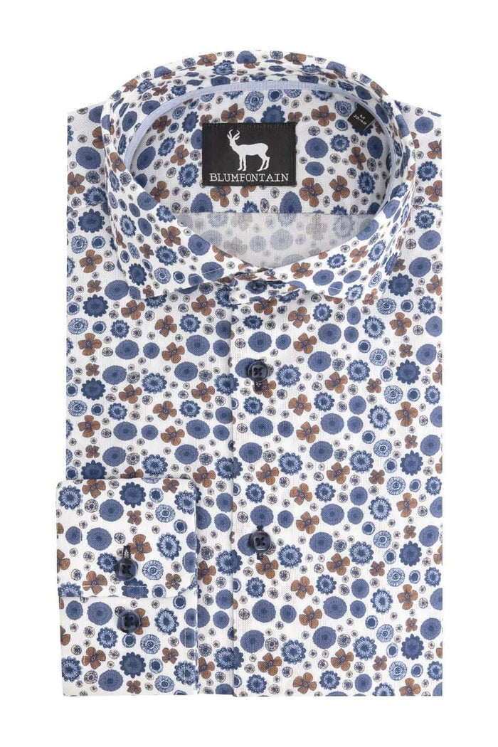 Blumfontain retrobloem blauw-bruin ademend 100% katoen overhemd met kleurrijke bloemenmotief.