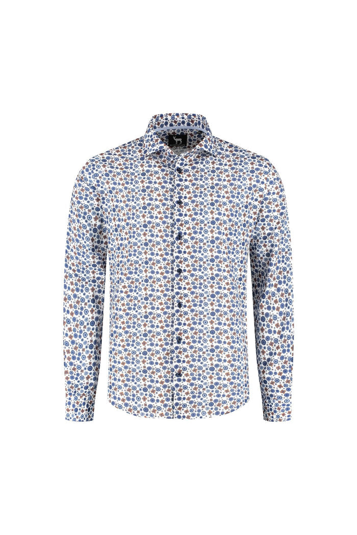 Blumfontain retrobloem blauw-bruin ademend 100% katoen overhemd met bloemenprint.