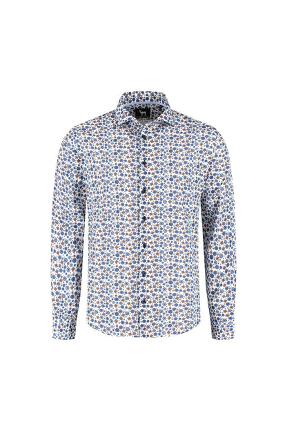 Blumfontain retrobloem blauw-bruin ademend 100% katoen overhemd met bloemenprint.