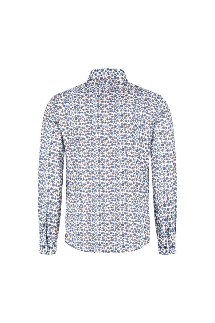 Blumfontain retrobloem blauw-bruin ademend 100% katoen overhemd achterzijde met bloemmotief.