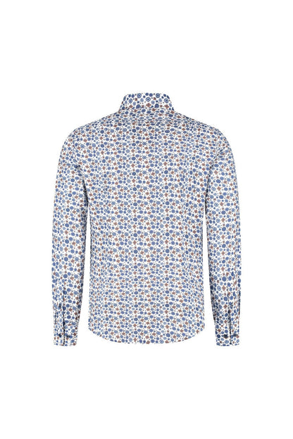 Blumfontain retrobloem blauw-bruin ademend 100% katoen overhemd achterzijde met bloemmotief.