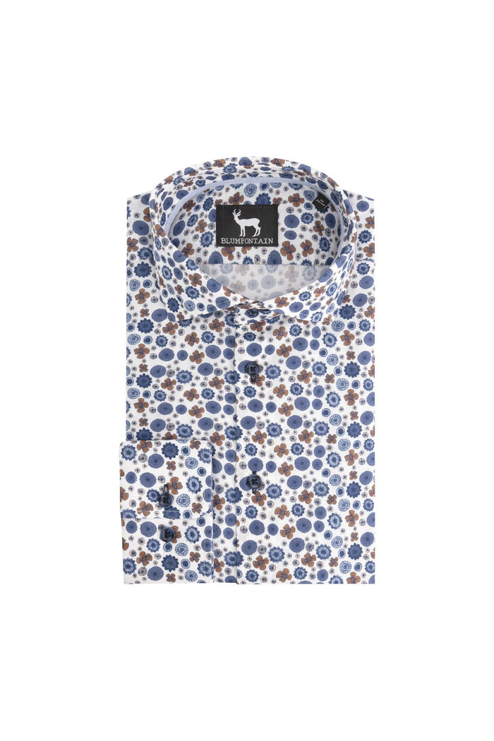 Blumfontain retrobloem blauw-bruin ademend 100% katoen overhemd met bloemenprint.