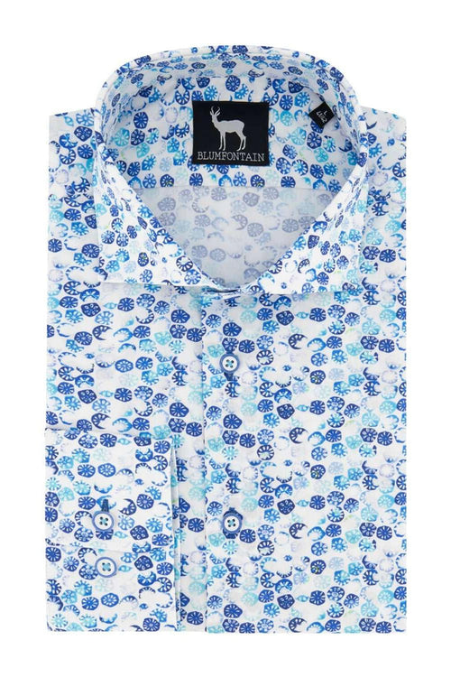 Blumfontain stempelprint herenoverhemd met bloemprint in blauw en wit, perfect voor casual en formele gelegenheden.