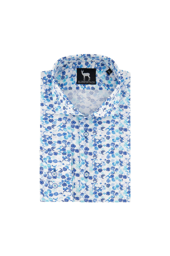 Blumfontain stempelprint herenoverhemd met bloemprint in blauw, ideaal voor kantoor en casual momenten.