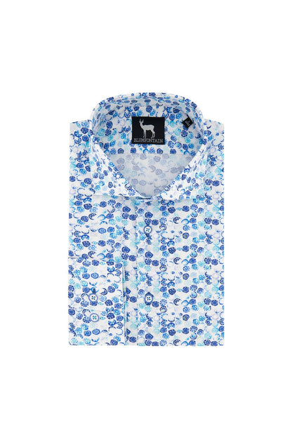 Blumfontain stempelprint herenoverhemd met bloemprint in blauw, ideaal voor kantoor en casual momenten.